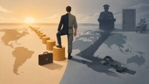 Illustration of a man on a world map climbing a stack of coins while his long shadow falls over a seatbelt, a closed door and a general at a podium.