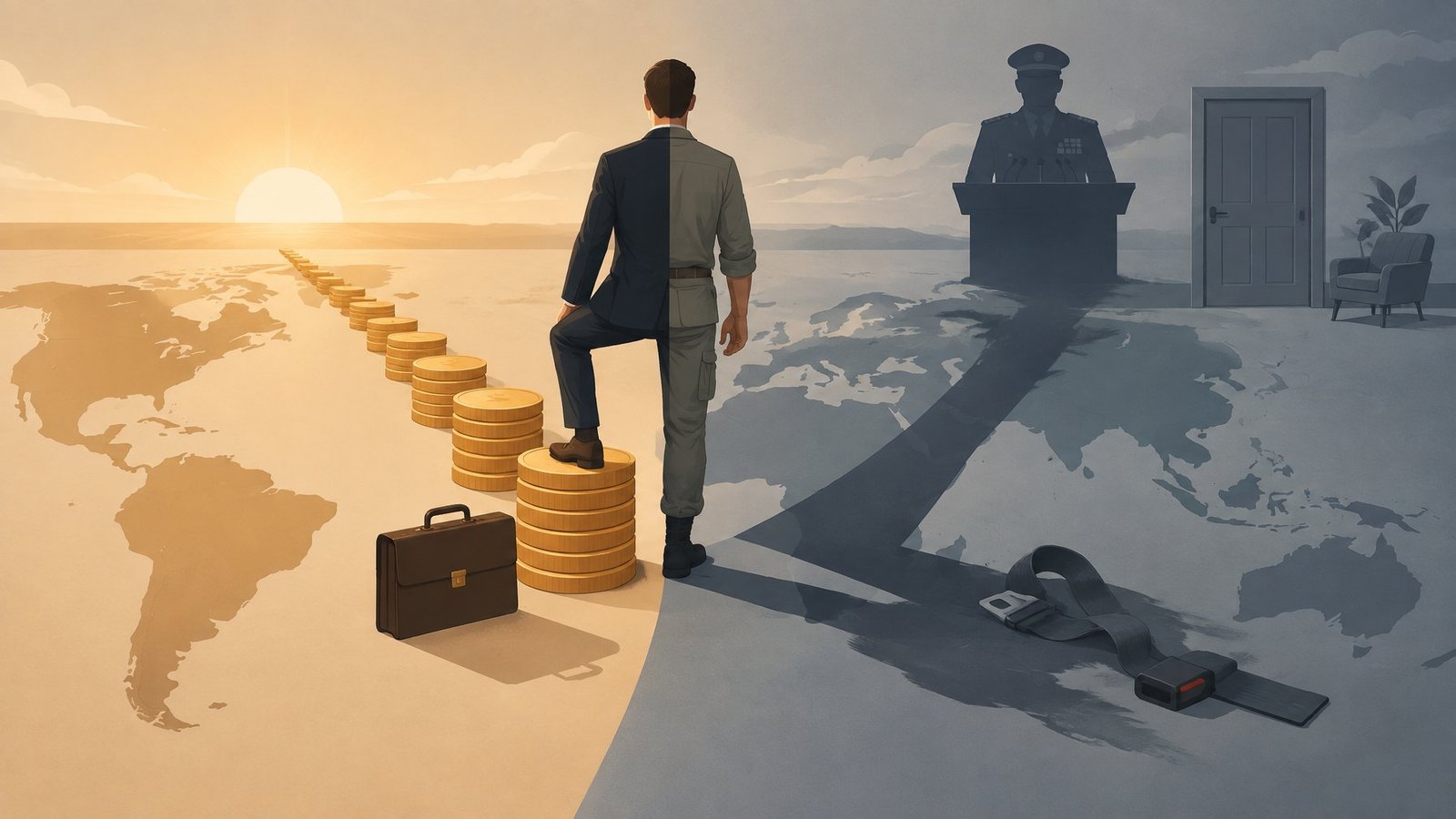 Illustration of a man on a world map climbing a stack of coins while his long shadow falls over a seatbelt, a closed door and a general at a podium.
