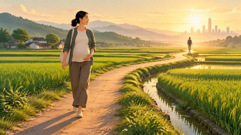 A pregnant woman walks through sunny rice fields with a distant city skyline on the horizon.