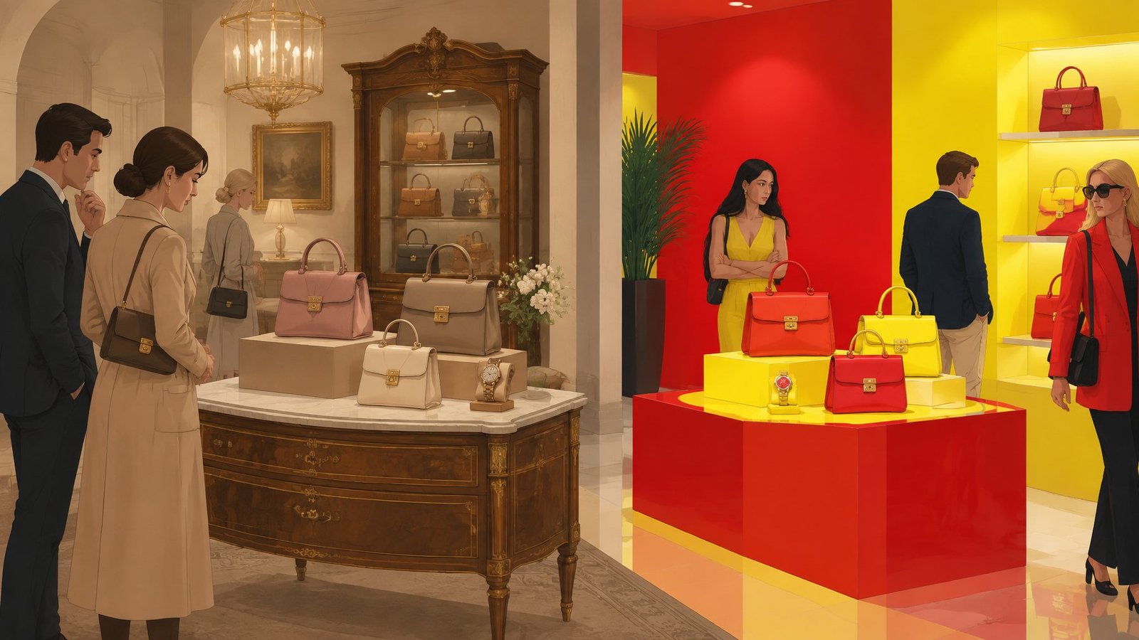 Illustration of a luxury boutique where shoppers admire handbags in muted colors more than the same bags in bright colors.