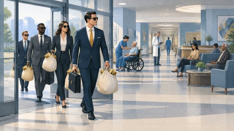 Illustration of consultants leaving a hospital with bags of money while inside nothing has changed.