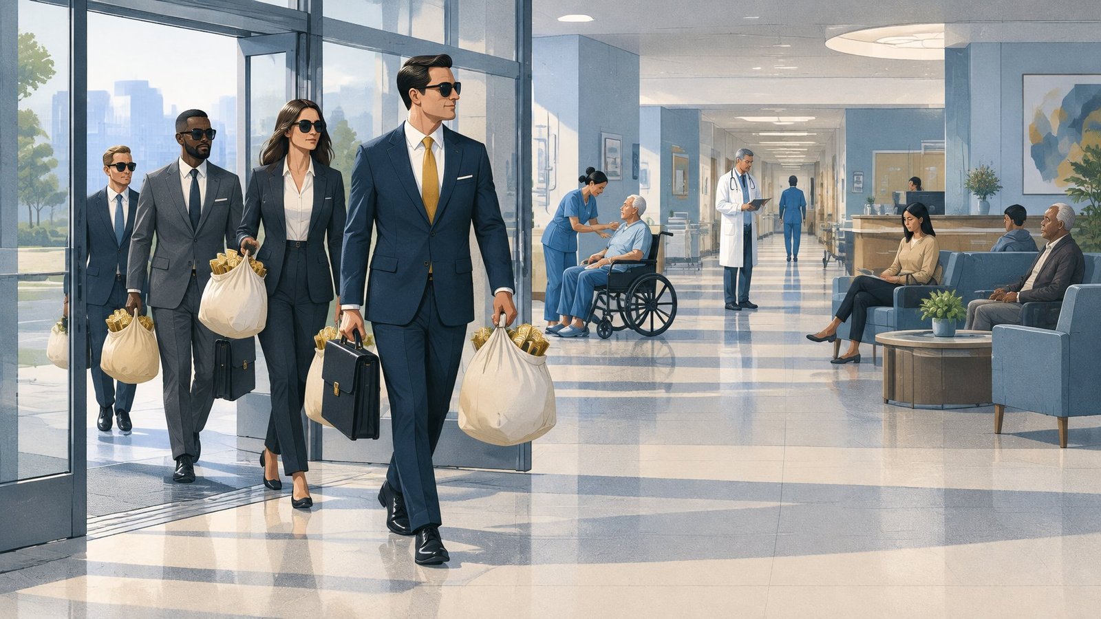 Illustration of consultants leaving a hospital with bags of money while inside nothing has changed.