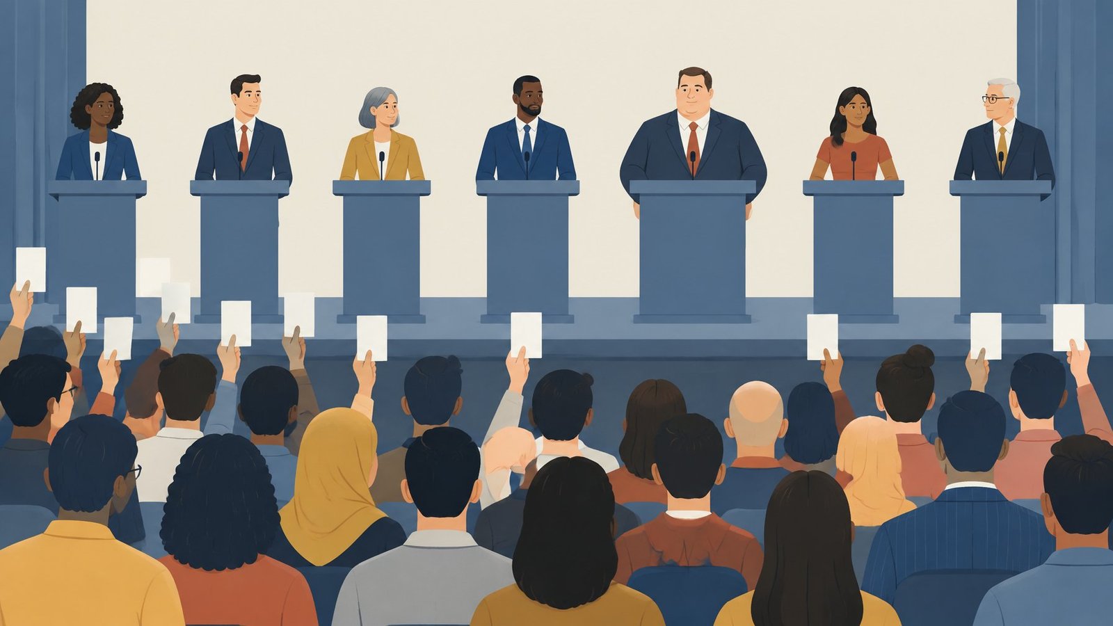 Illustration of several political candidates of different body sizes standing at podiums in front of a crowd of voters.