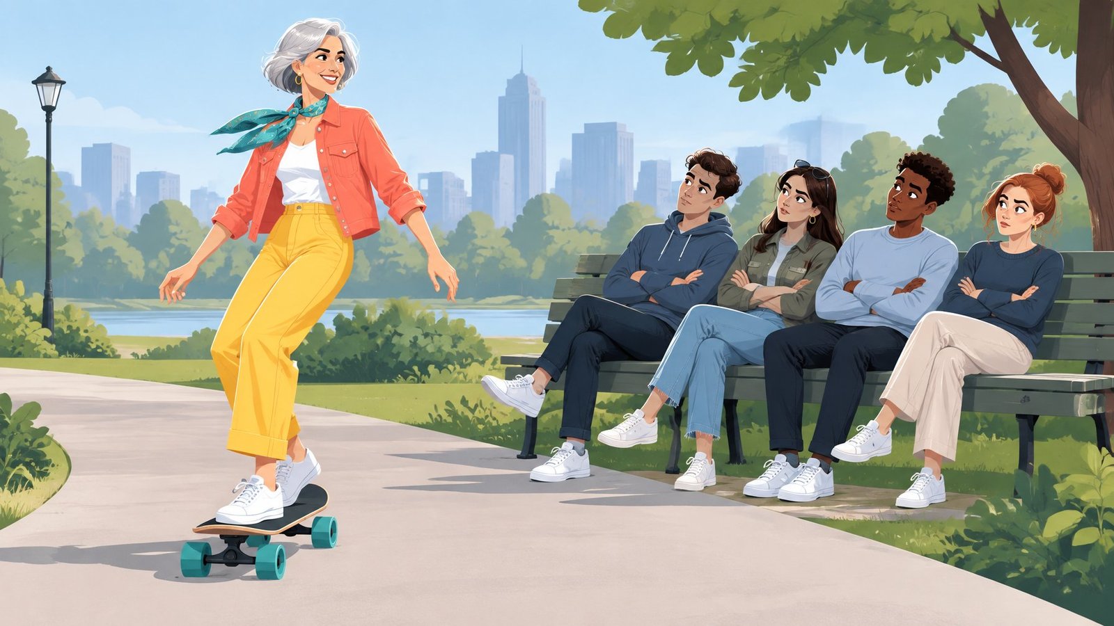 Illustration of a cheerful older woman skateboarding in a park while younger adults on a bench look on disapprovingly.