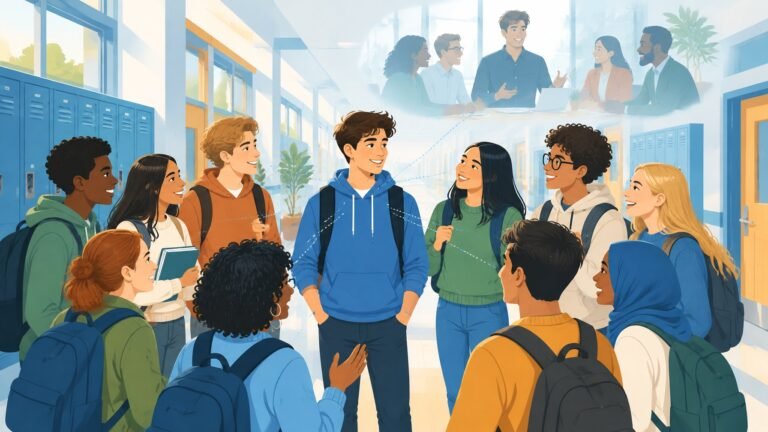 Illustration of a teenage boy surrounded by many classmates, with a faded scene of him later leading a team.