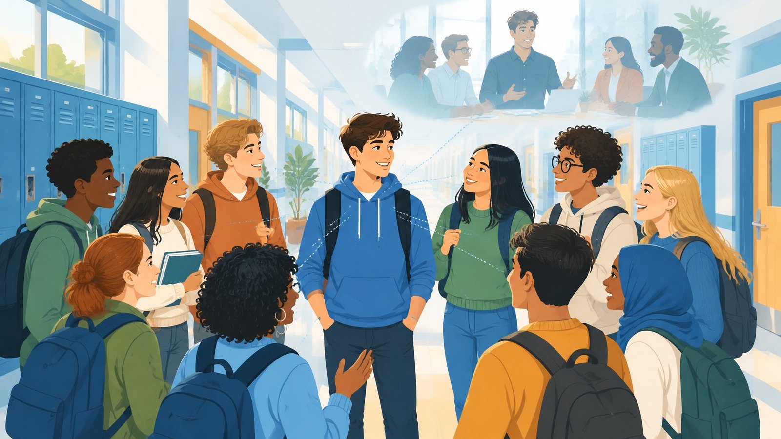 Illustration of a teenage boy surrounded by many classmates, with a faded scene of him later leading a team.
