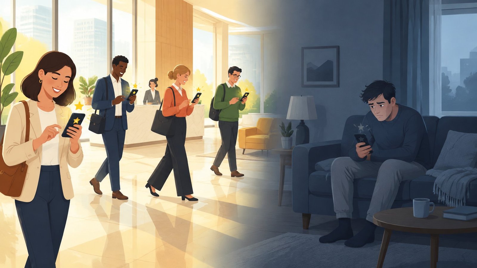 Illustration contrasting cheerful weekday reviewers with a lone frowning weekend reviewer on a sofa.