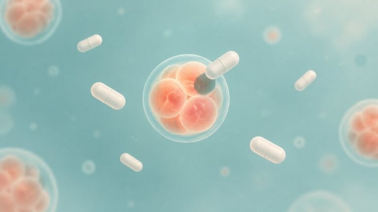 Illustration of an early embryo under a microscope with painkiller capsules drifting beside it.