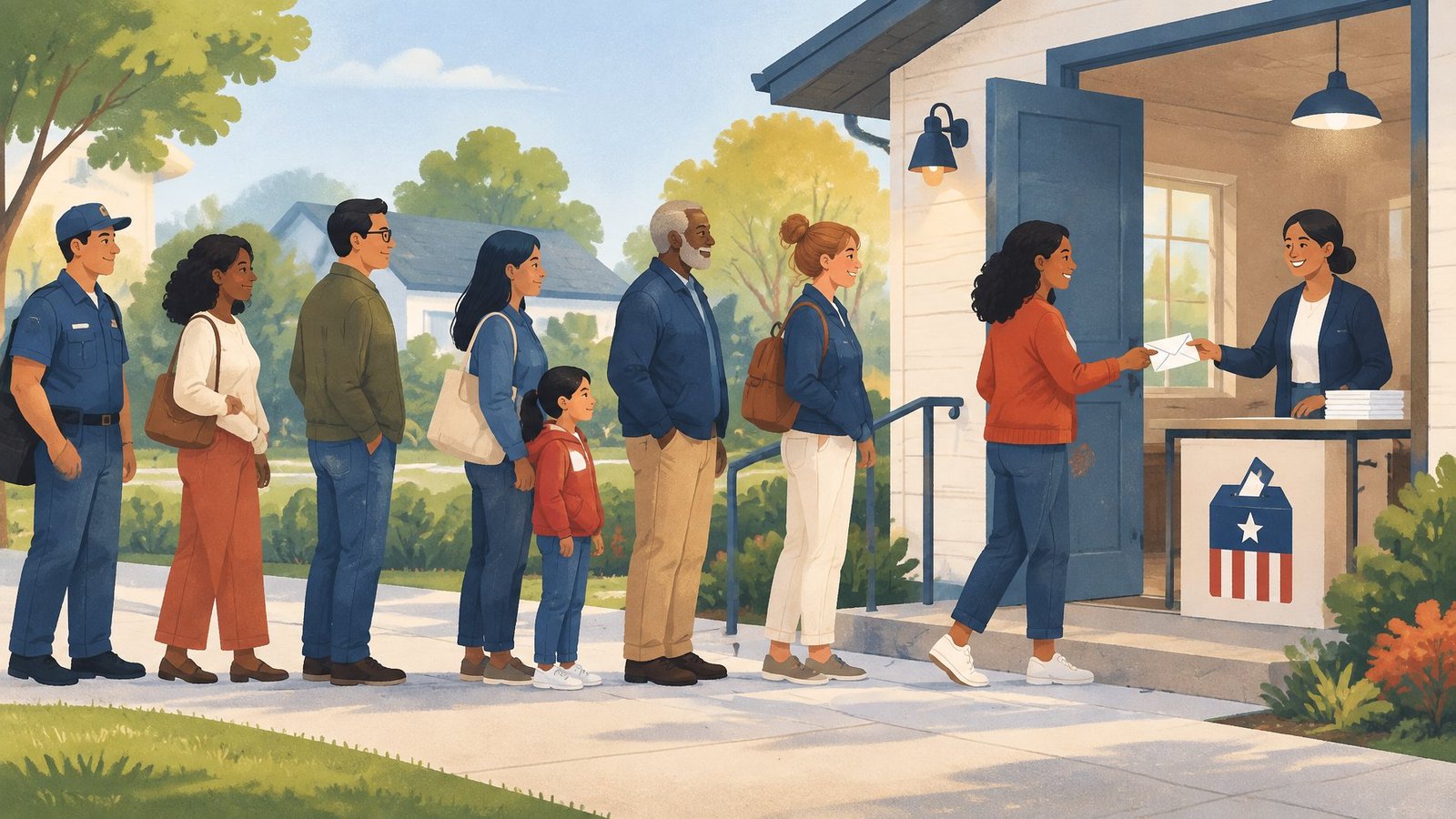 Voters lining up at a neighborhood polling place and receiving small envelopes as they leave.
