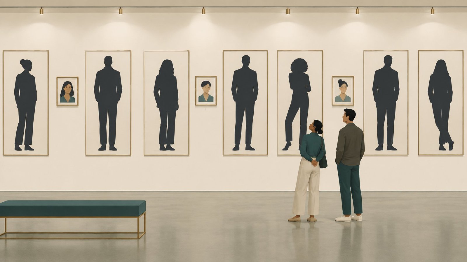 Illustration of two observers studying a gallery wall of body silhouettes and small face portraits.
