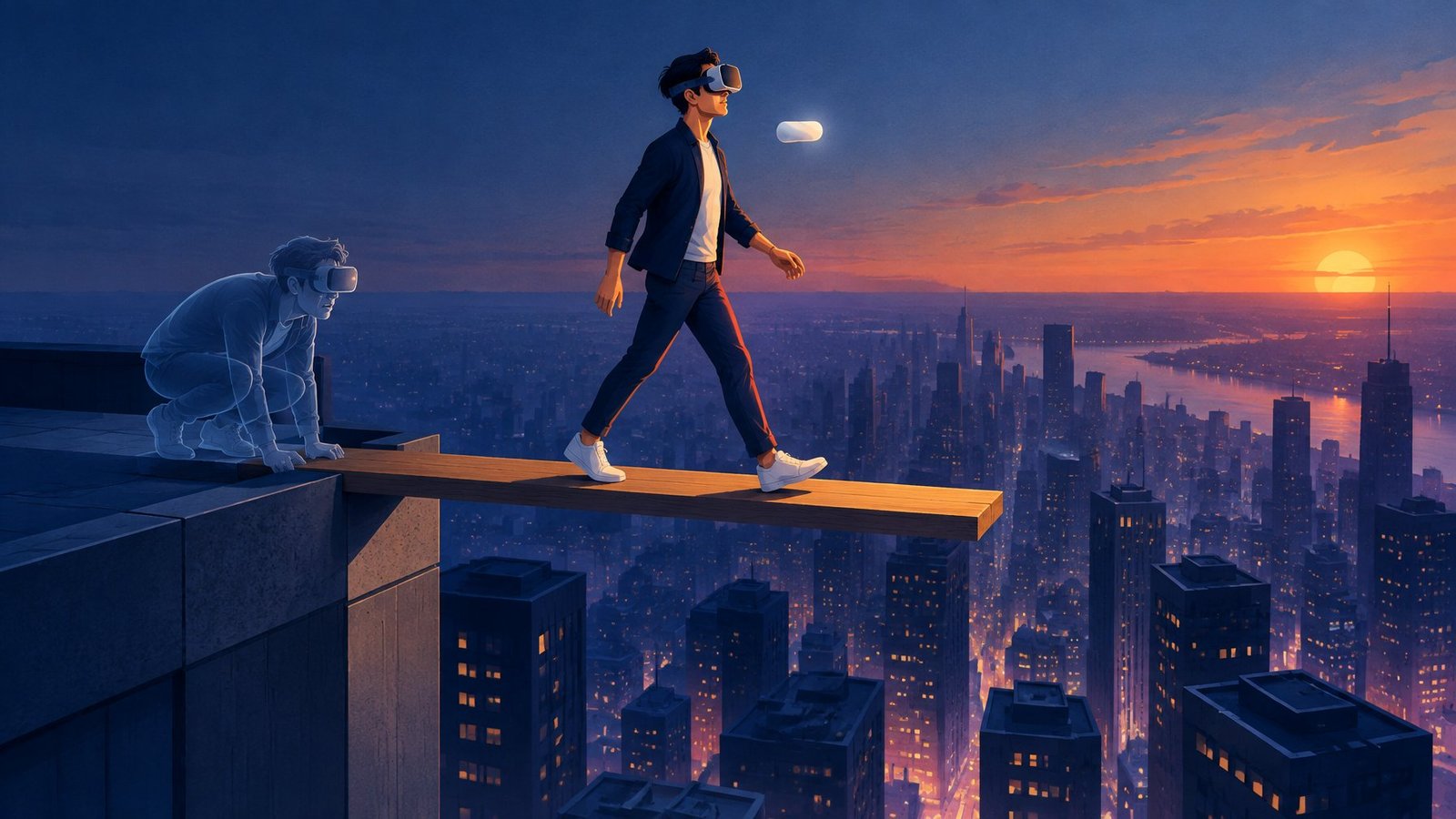 A person in a VR headset walks confidently along a plank jutting from a skyscraper while a more fearful version of them hesitates behind.