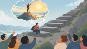 Illustration of onlookers imagining a climber reaching a summit while the real climber sits on a low step.