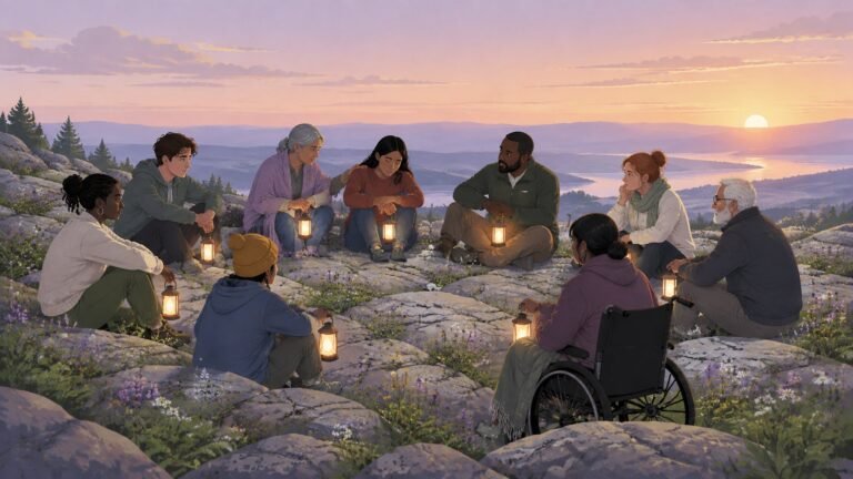 Illustration of people sitting in a supportive circle on a hillside at dawn holding lanterns, with flowers growing from cracks in the rocks.
