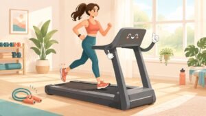 Illustration of a woman running on a treadmill that has a friendly face cheering her on.