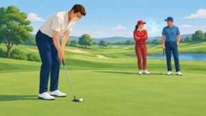 Illustration of a golfer struggling with a putt while playing partners in contrasting red and blue tones stand nearby.