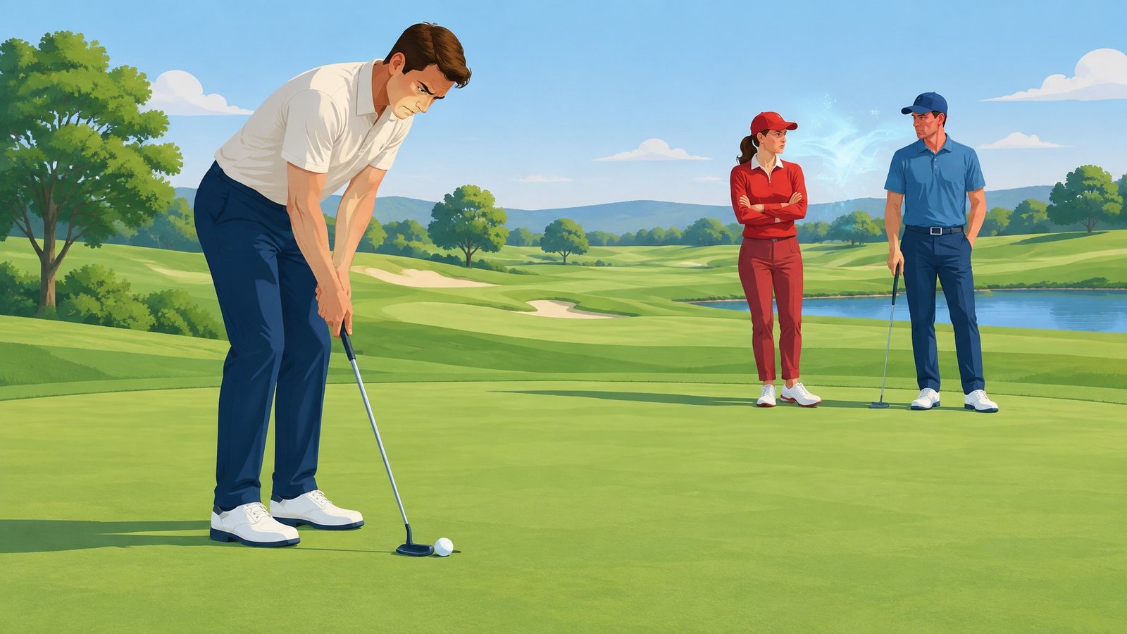 Illustration of a golfer struggling with a putt while playing partners in contrasting red and blue tones stand nearby.