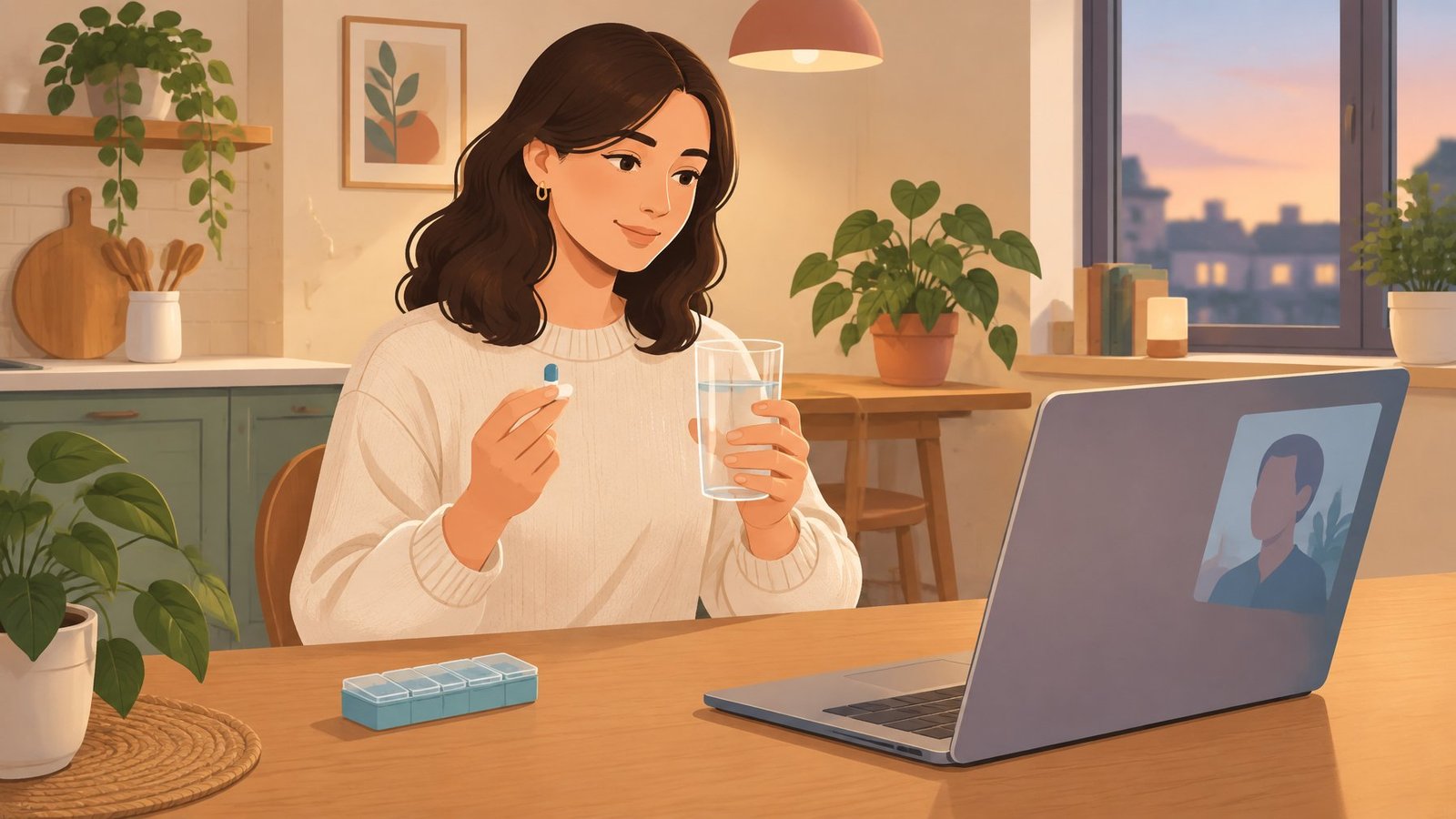 A relaxed young woman at a kitchen table holds a blue and white capsule and a glass of water during a video call.
