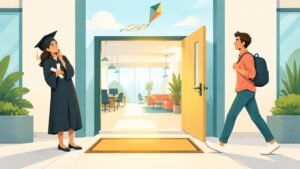 A graduate in cap and gown steps back from an open startup door while another person walks eagerly toward it.