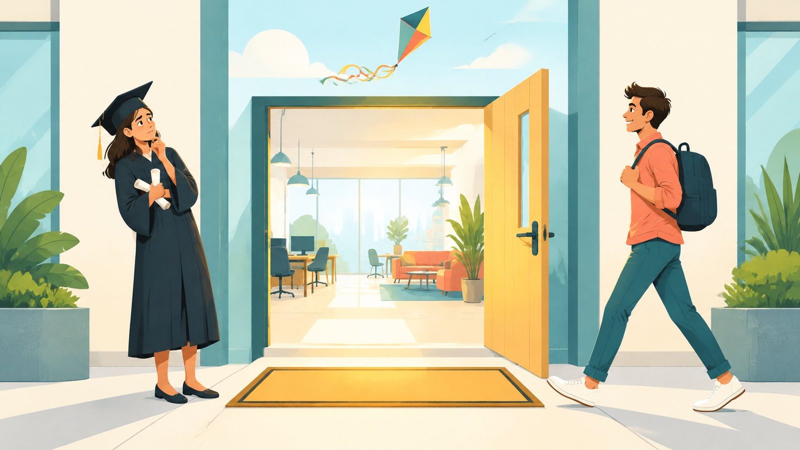 A graduate in cap and gown steps back from an open startup door while another person walks eagerly toward it.
