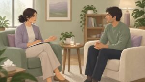 A therapist and patient talk in armchairs with an open bottle of plain white capsules on the table between them.