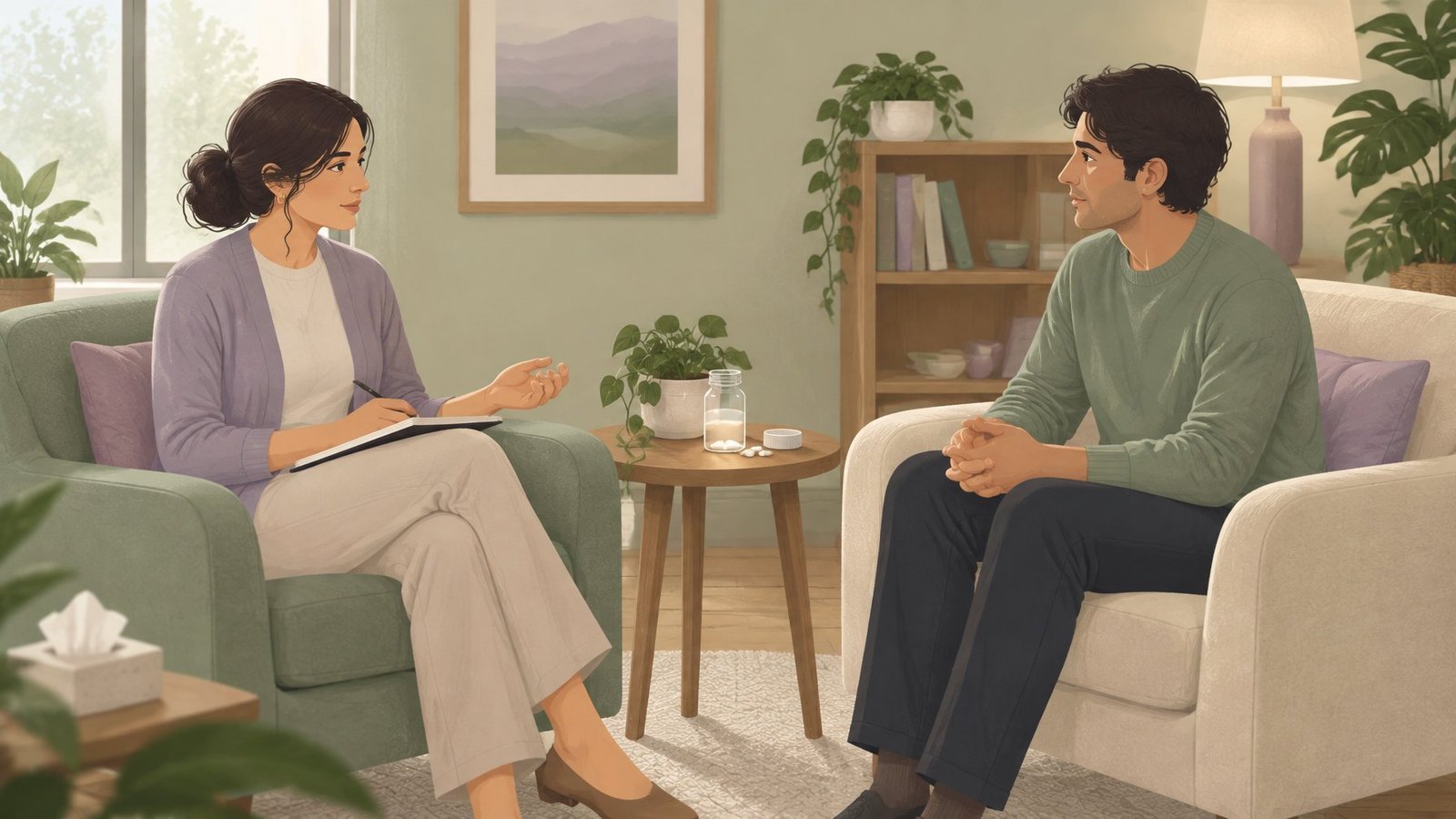 A therapist and patient talk in armchairs with an open bottle of plain white capsules on the table between them.