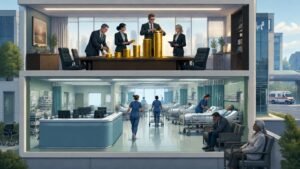 Illustration of a cutaway hospital with managers stacking coins upstairs and an understaffed ward downstairs.