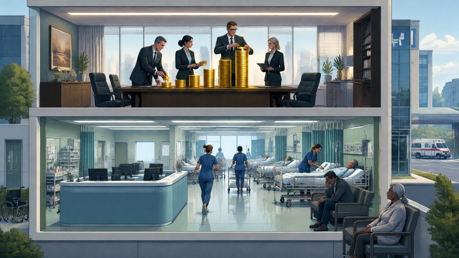 Illustration of a cutaway hospital with managers stacking coins upstairs and an understaffed ward downstairs.