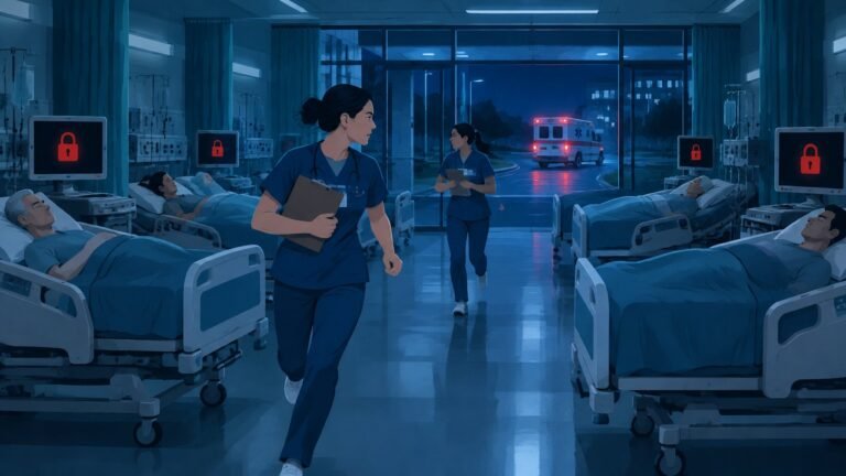 Nurses working with paper clipboards in a hospital ward where the computers are locked by ransomware.