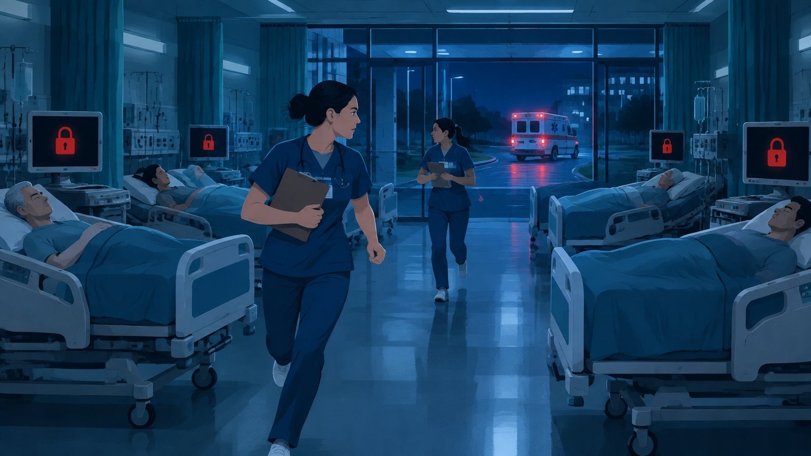 Nurses working with paper clipboards in a hospital ward where the computers are locked by ransomware.