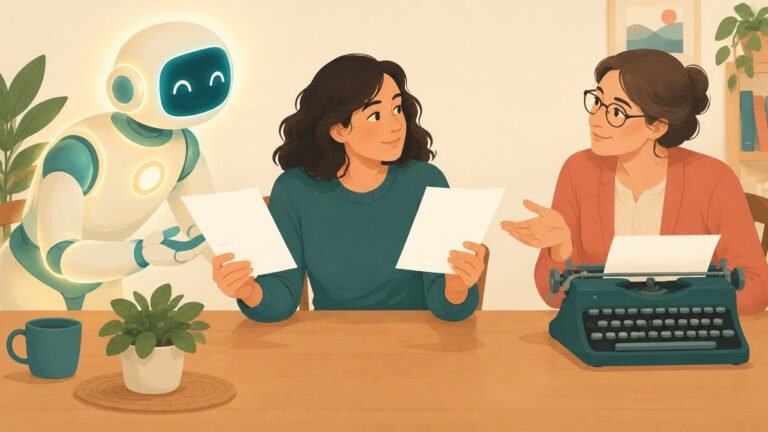 A person compares two letters, one offered by a friendly robot and one by a human writer at a typewriter.