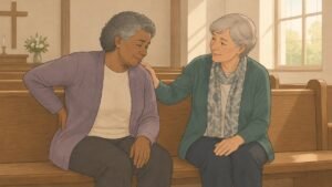 Illustration of an older adult on a church pew holding their back while a fellow congregant comforts them