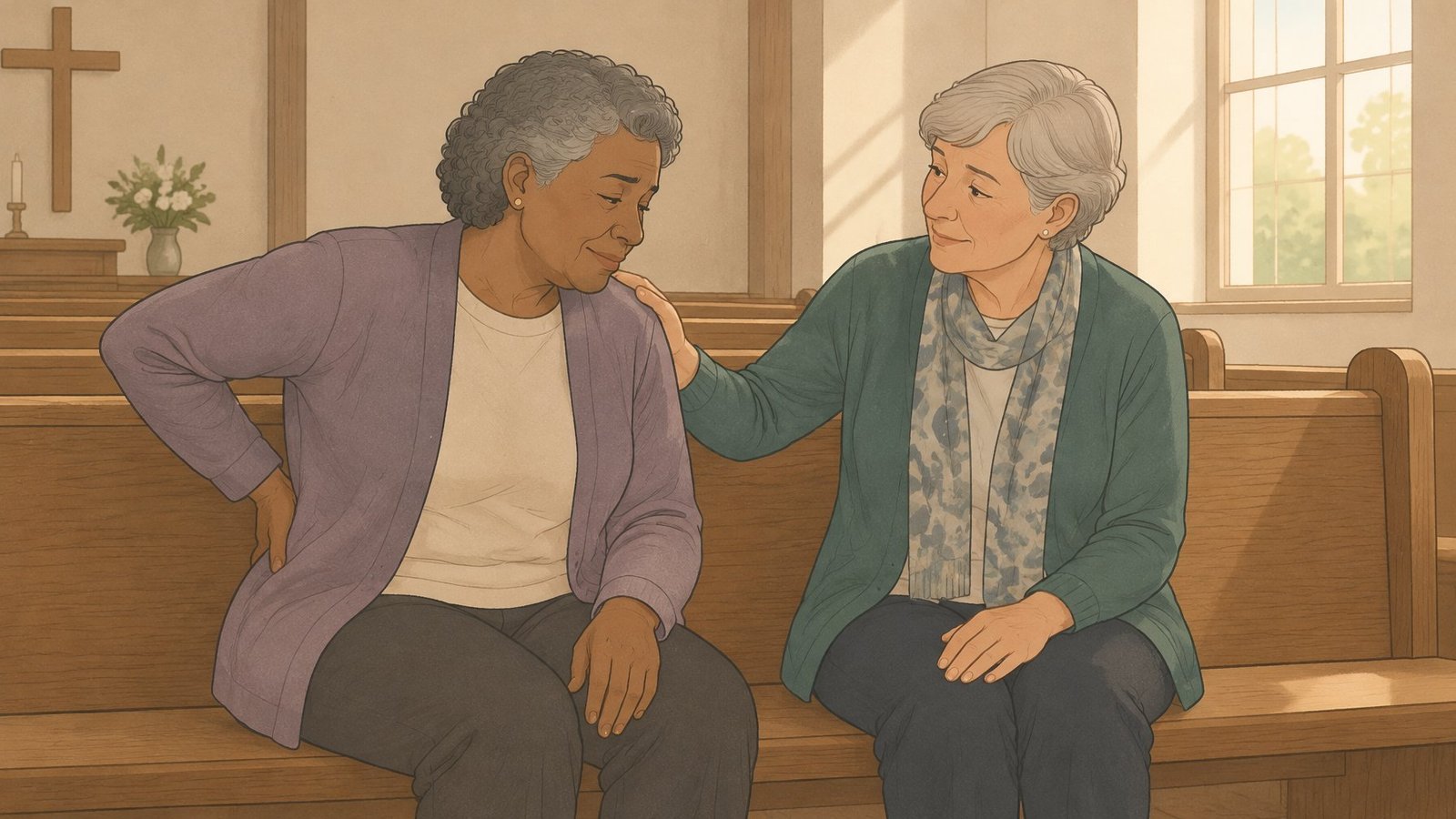 Illustration of an older adult on a church pew holding their back while a fellow congregant comforts them