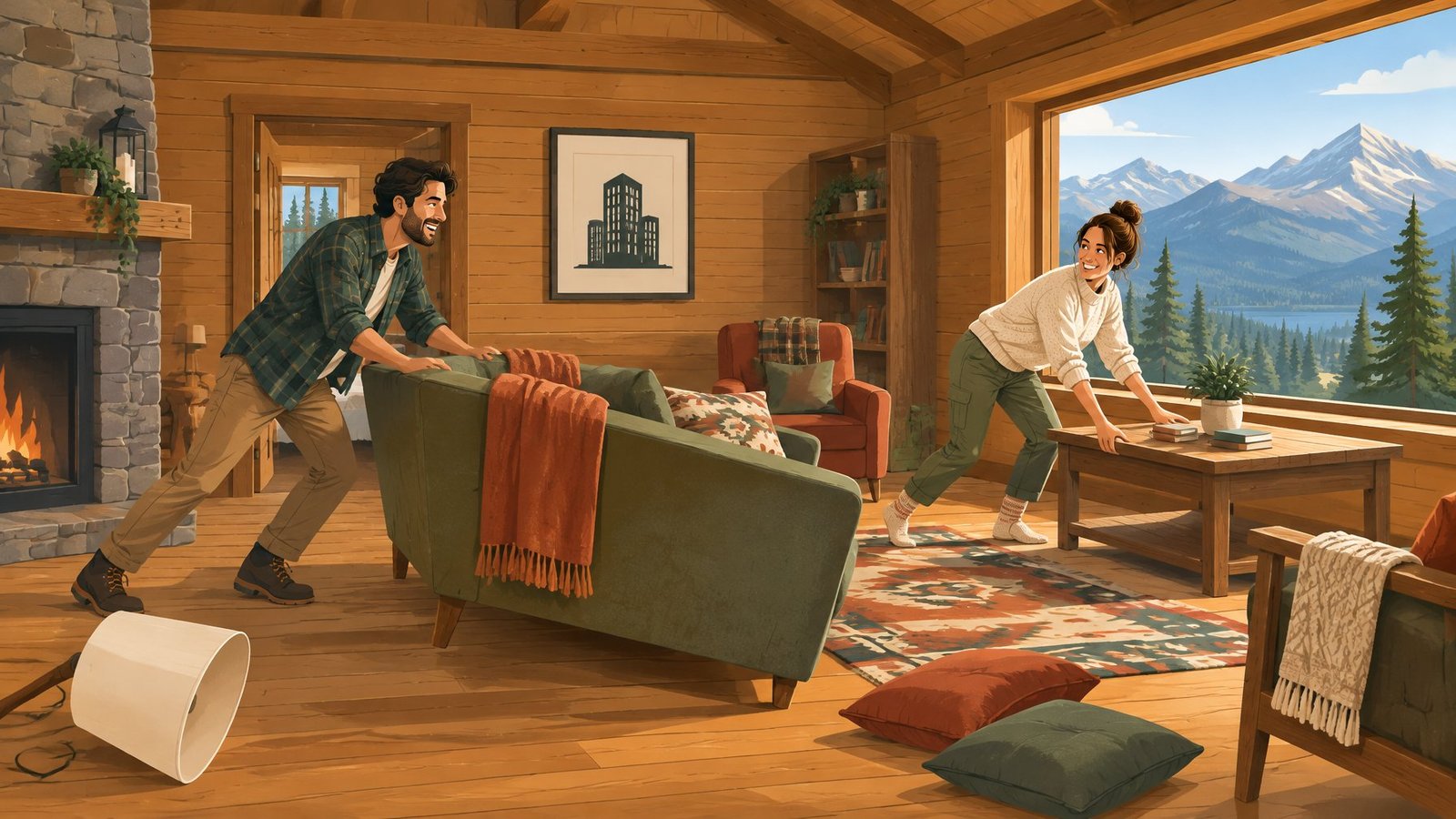 Vacation guests rearrange the furniture in a rented mountain cabin owned by a company.