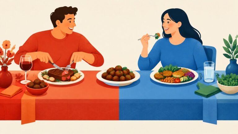 Illustration of a dinner table split between a red side with meat and a blue side with plant-based food.
