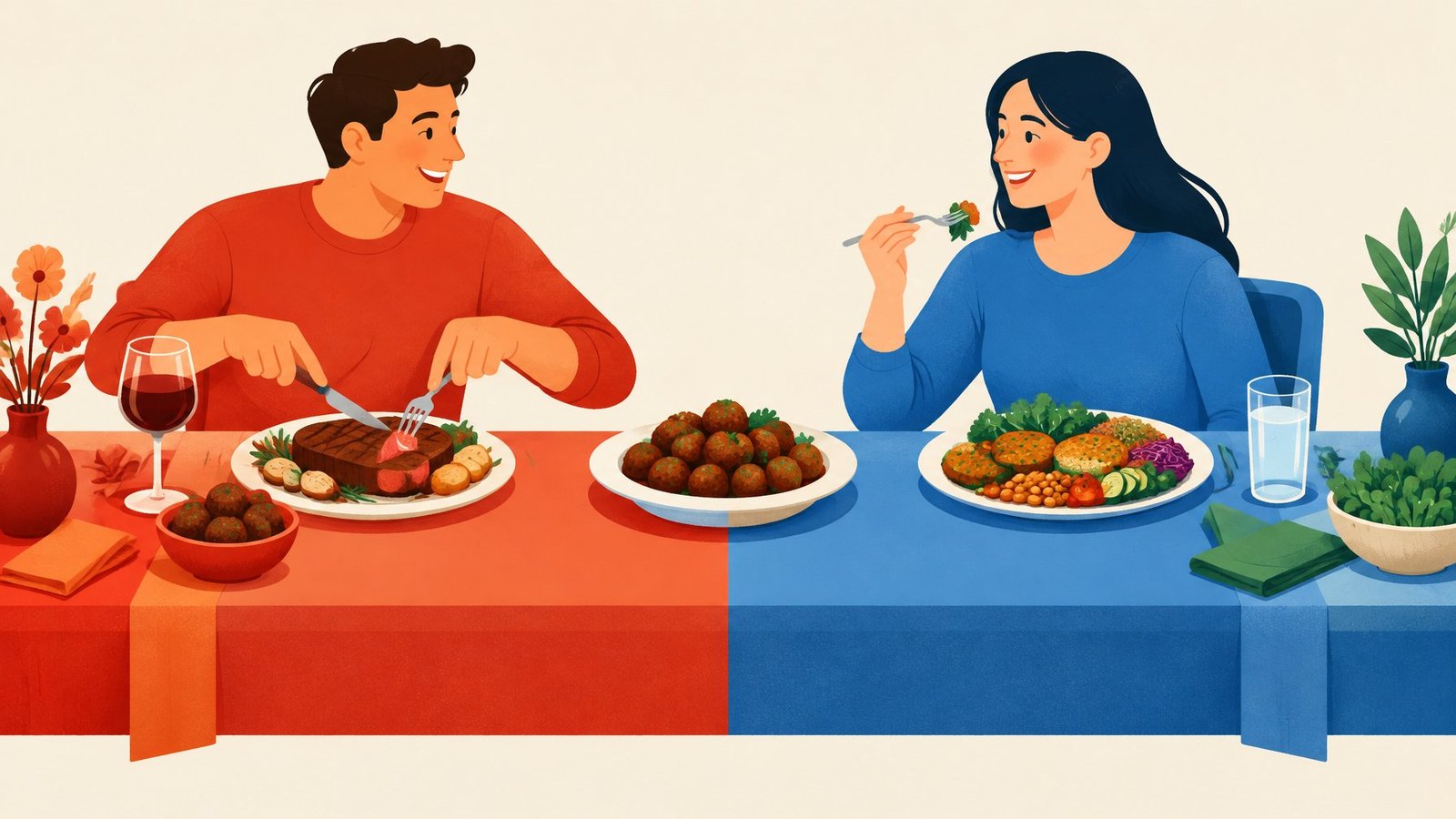 Illustration of a dinner table split between a red side with meat and a blue side with plant-based food.