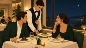 Relaxed, smiling diners enjoy a meal in a cozy restaurant while a single star floats away out of the window.