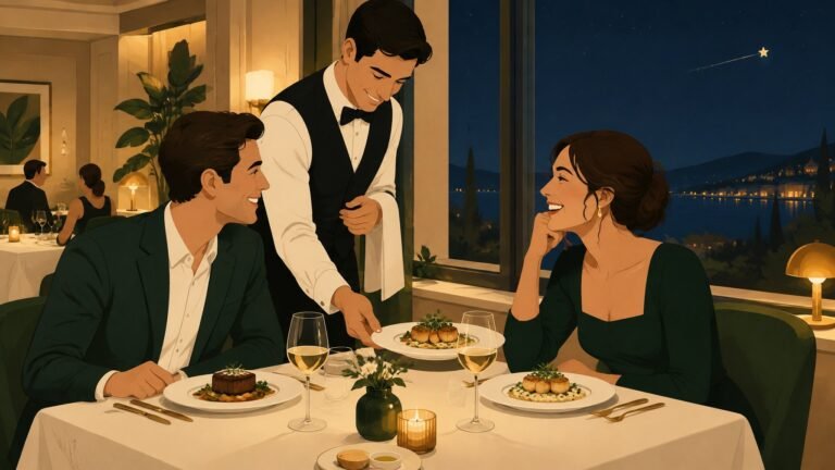 Relaxed, smiling diners enjoy a meal in a cozy restaurant while a single star floats away out of the window.