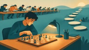 Illustration of a chess player calmly studying a single position while a crowd of other players rushes through many games in the background.