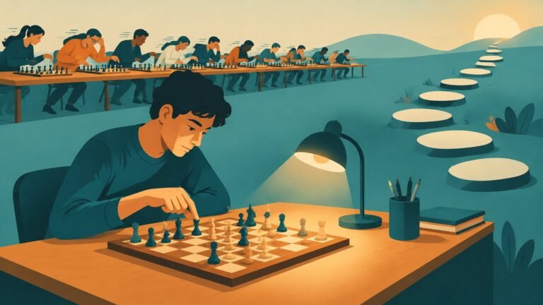 Illustration of a chess player calmly studying a single position while a crowd of other players rushes through many games in the background.