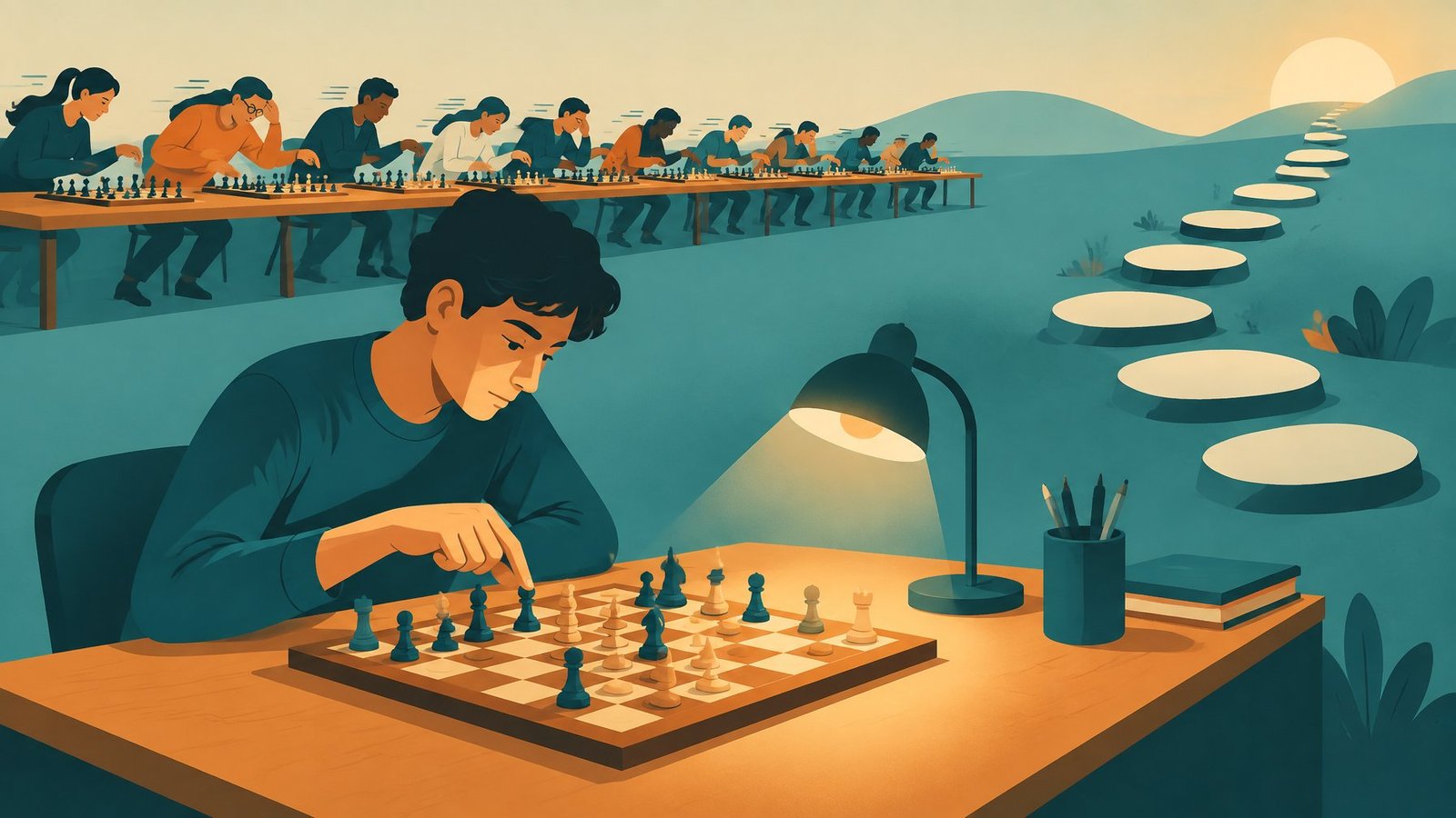 Illustration of a chess player calmly studying a single position while a crowd of other players rushes through many games in the background.