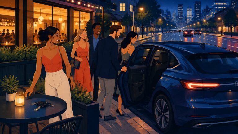 Illustration of friends leaving a bar at night and getting into a rideshare car instead of driving.
