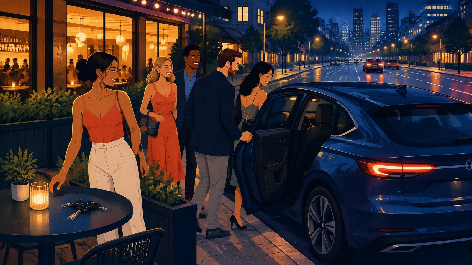 Illustration of friends leaving a bar at night and getting into a rideshare car instead of driving.