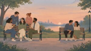 A woman surrounded by chatting friends on one bench and a man leaning on a single partner on another.