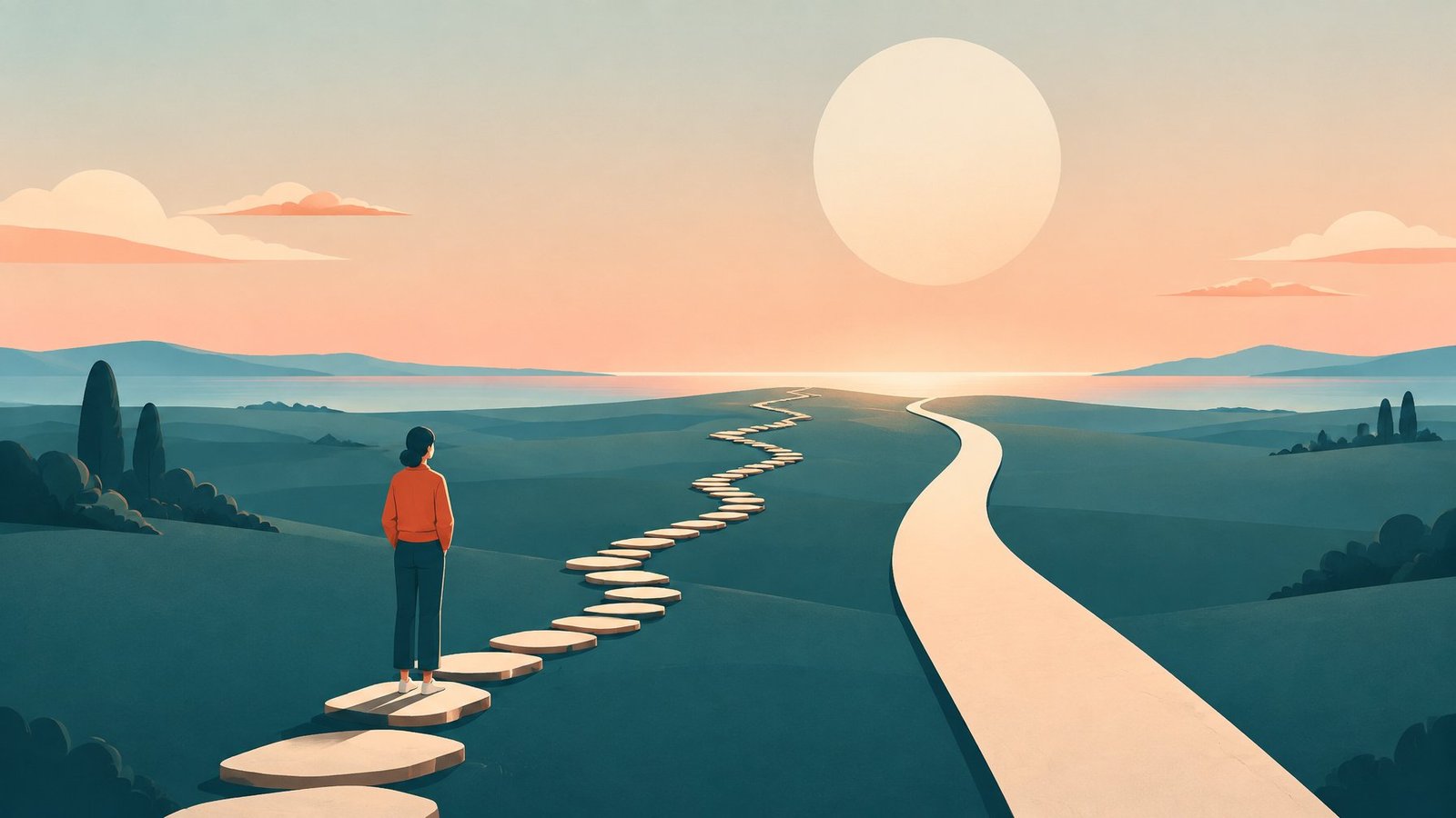 Illustration of a person on a road of many small stepping stones that seems longer than a smooth path beside it, under a faceless clock.