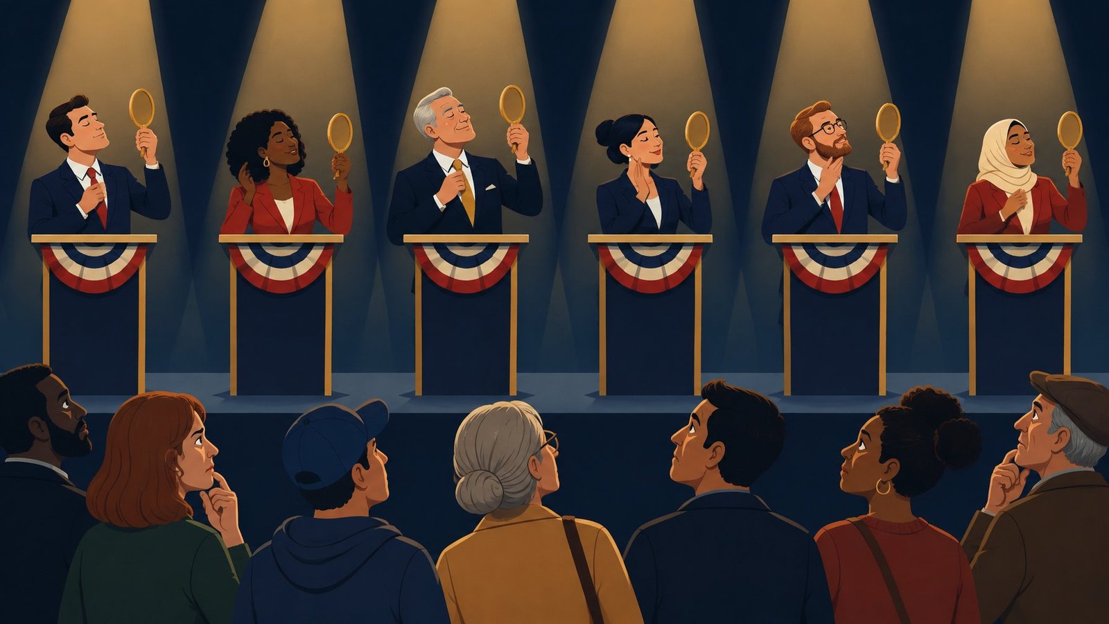Illustration of a line of political candidates each admiring their own reflection in hand mirrors on a campaign stage.
