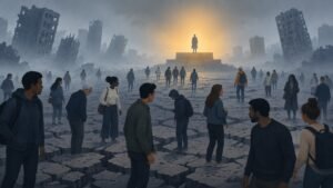 Illustration of a confused crowd on crumbling ground drifting toward a lone strong figure on a lit platform.