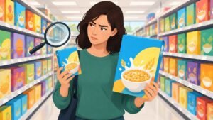 Illustration of a frowning shopper comparing a normal cereal box with a smaller one.