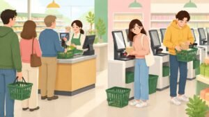 Illustration of shoppers discreetly scanning small items at self-checkout machines next to a staffed cashier lane.