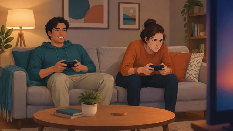 Illustration of two people playing a video game, one relaxed and smiling, the other frustrated.