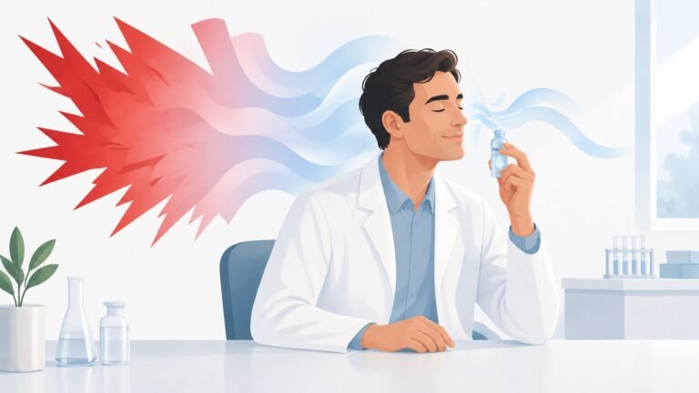Illustration of a man sniffing a vial as a red jagged shape of anger behind him dissolves into soft blue curves.
